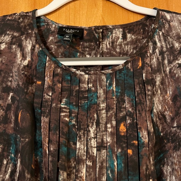 Talbots Sleeveless Top Brown Abstract Pleated Career NWOT Size Petite 8P - Picture 2 of 13